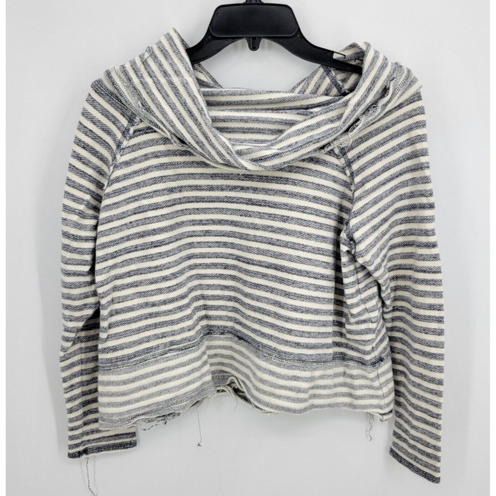 Free People Sweater Womens XS Blue Ivory Stripe Cowl Neck Cropped Pullover Boho